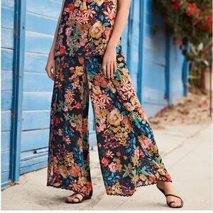 Johnny Was Albany Floral Wide Leg Pant Slit in Legs Embroidered Scalloped Edges.